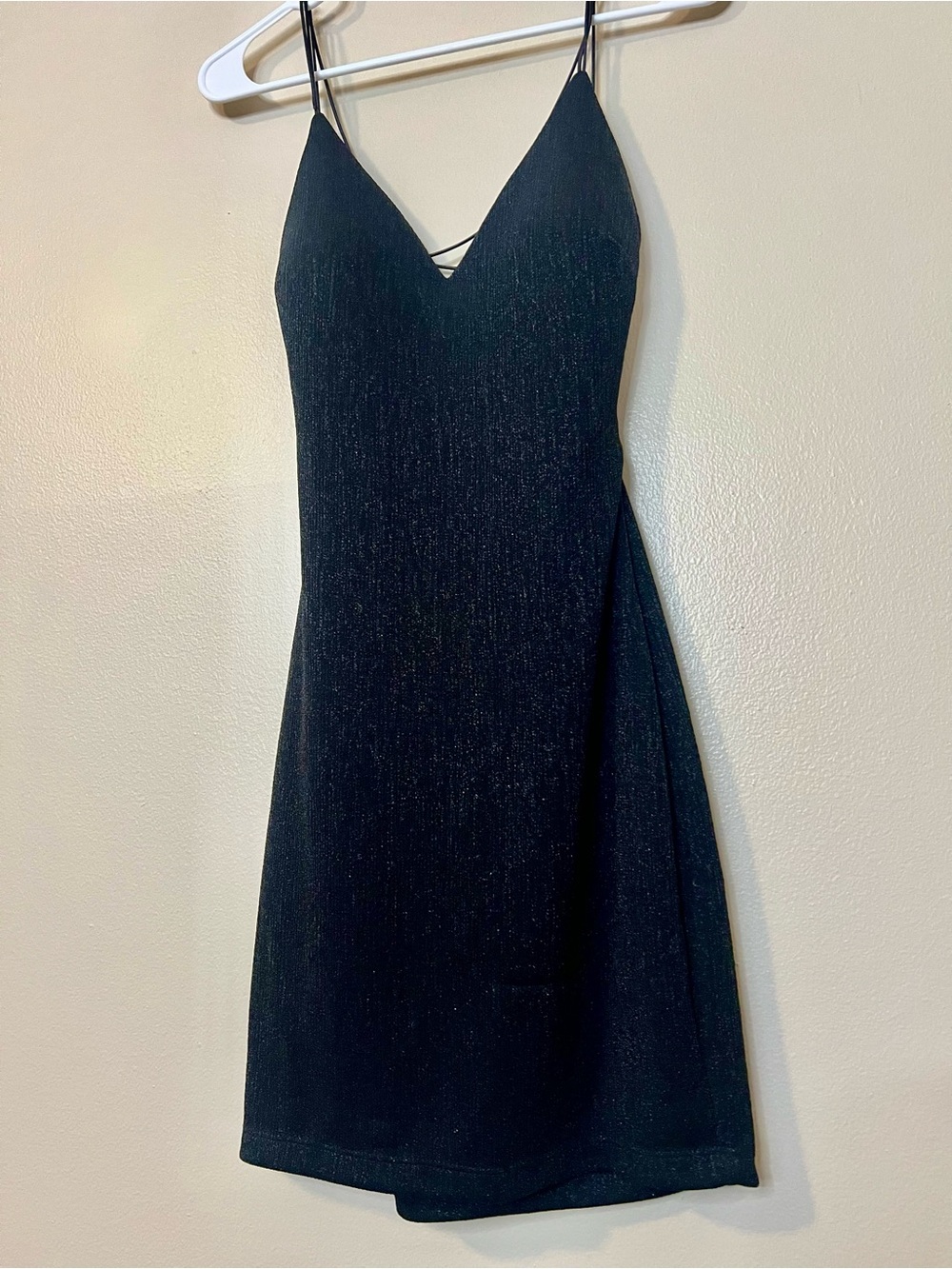 B.Darlin Black Mini Dress With Sparkle Detail And Criss Cross Sphaghetti Straps